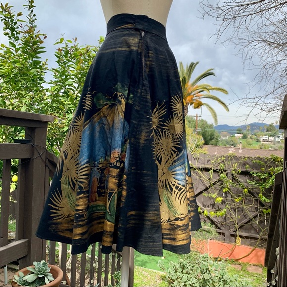VINTAGE Mexican 1950s Black & Metallic Hand Painted Souvenir Circle Midi Skirt - Picture 7 of 11